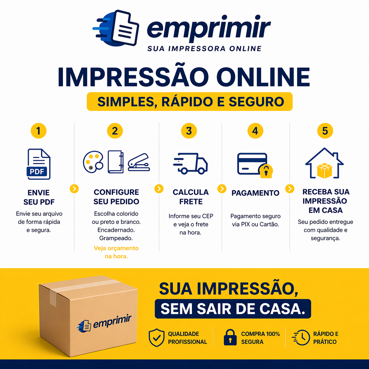 Emprimir — Impressão Online Simples, Rápido e Seguro. Envie seu PDF, configure, calcule frete, pague e receba em casa.
